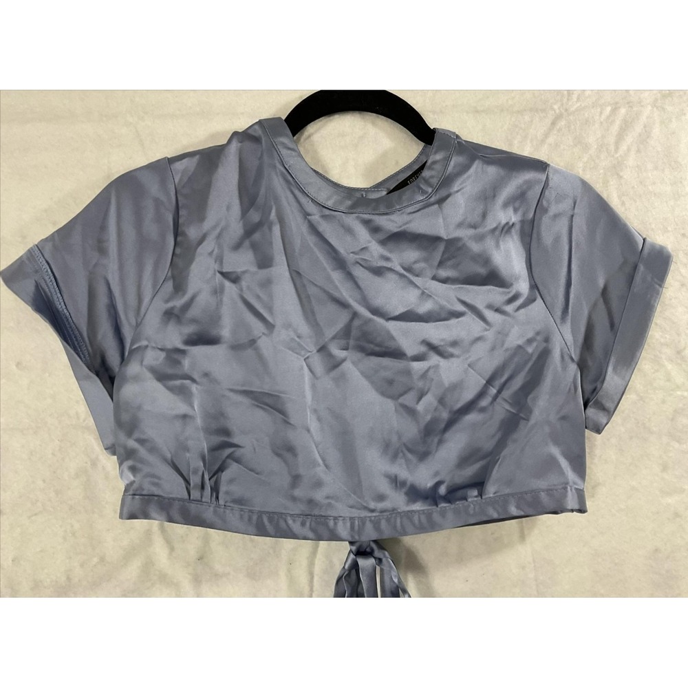 Forever 21 Blouse Womens Medium Blue Satin Crop Top Open Back Tie Shirt